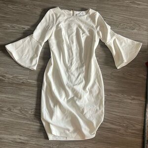 Calvin Klein White Business Dress with Bell Sleeves & Gold Zipper (Size 2)